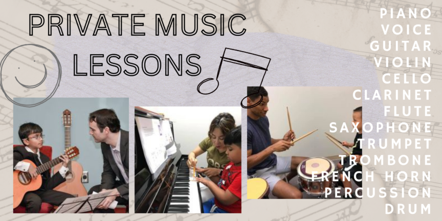 Music lessons, piano, guitar, violin, flute, clarinet, saxophone, trumpet, trombone, french horn, voice, cello, percussion, drum, woodwinds, brass